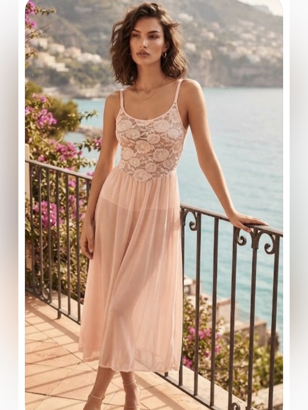 Vintage Olga Peach Lace Midi Slip Dress Chemise Nightgown Size M